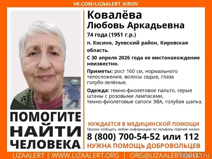 В Зуевском районе исчезла пенсионерка, которой требуется медицинская помощь.